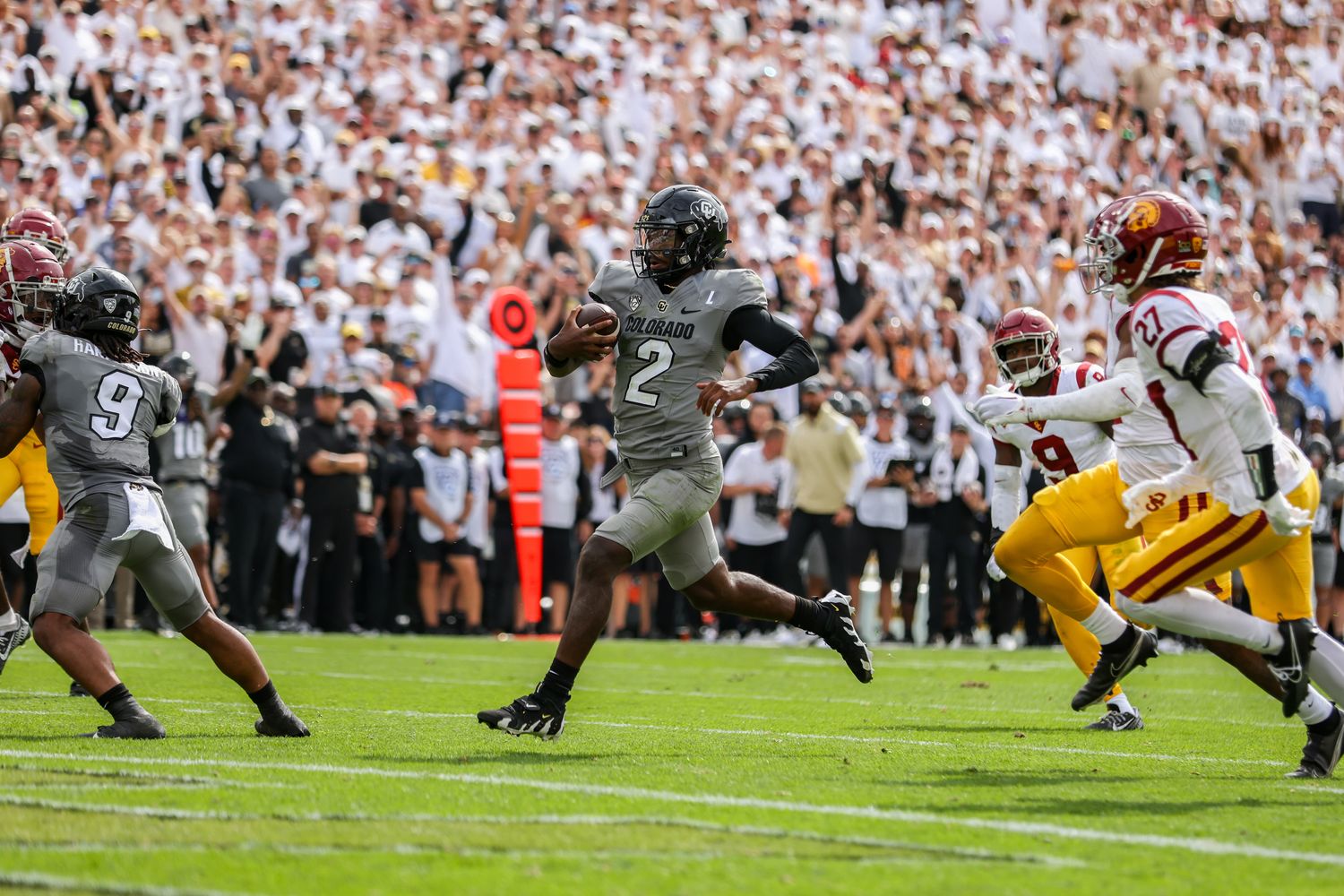 Colorado Buffaloes quarterback Shedeur Sanders for a touchdown against the USC Trojans.